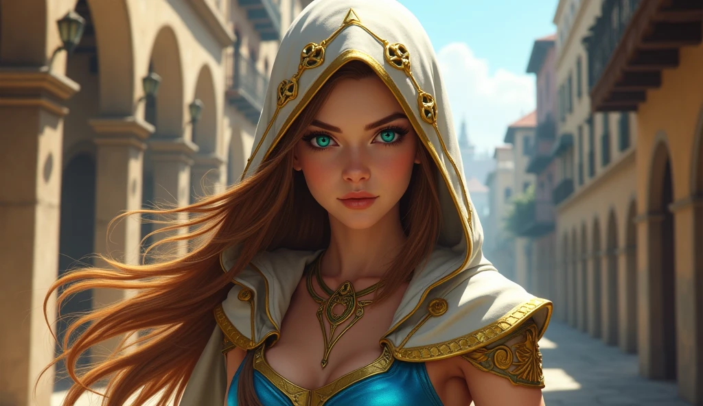 A full body photo of Princess Zelda., Brown hair, blue eyes, dressed as an assassin from Assassins Creed, in white+gold with white mask and hood with gold details, XL Bust, wearing a wristband. bottom: A city during the Renaissance period. unreal engine 5, cheered up, cheered up style, masterpiece, well drawn eyes, well drawn face, well detailed eyes, Well detailed face, 8k, light and shadow effect.