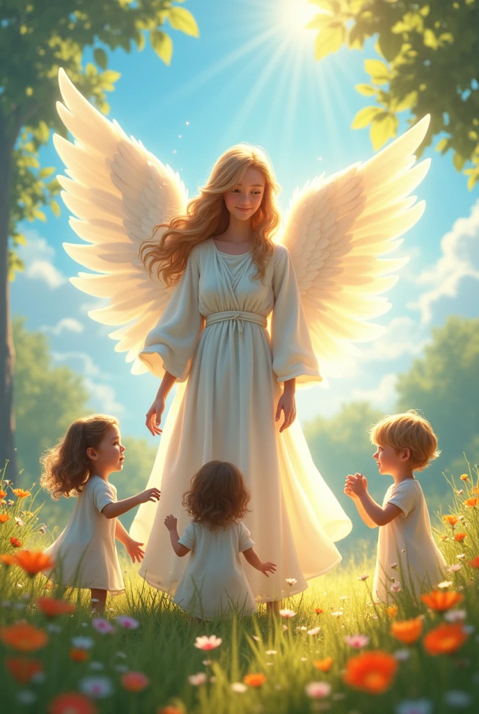 A small girl spaking to a angel in a spring season