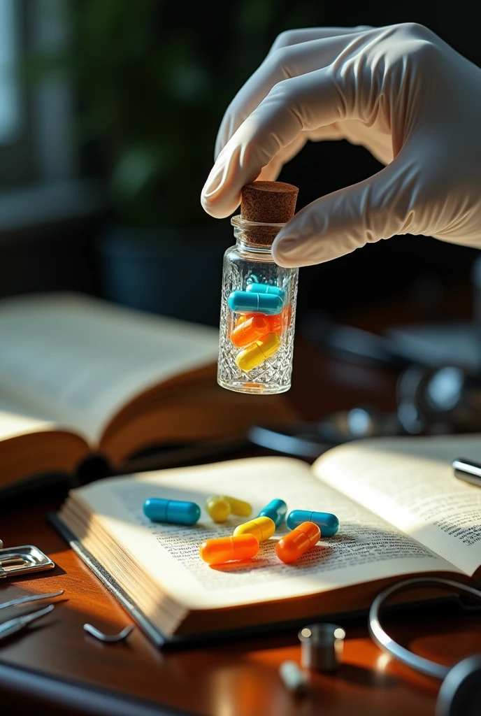 A gloved hand holding a small glass vial filled with pills. 
