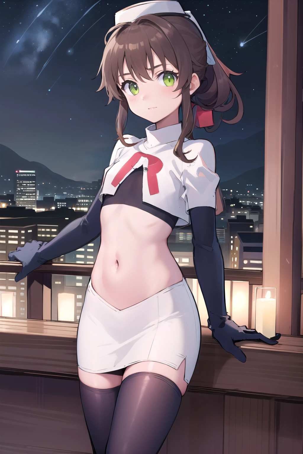 best quality, (masterpiece:1.2), illustration, absurdres,
(1girl), (solo), (beautiful detailed girl),
Towa Herschel, brown hair, ponytail, hair ribbon, green eyes, , small, short, flat chest, small breasts,
white hat, headwear,
team rocket,team rocket uniform,white skirt,red letter R,crop top,black thigh-highs,black elbow gloves,
looking at viewer, 
night, on balcony, city lights, starry sky, overlooking city,