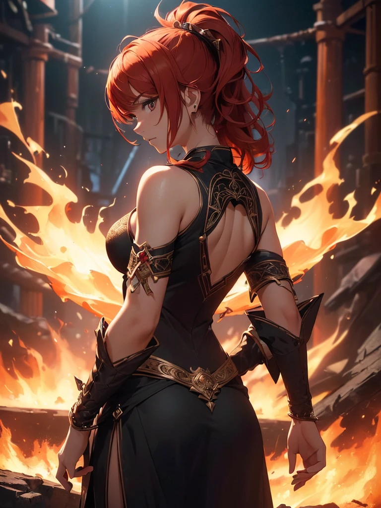 (((best quality, sharp image, clear image, cinematic lighting, 8k resolution, masterpiece, ultra detailed, intricate))) Girl, (((looking over left shoulder))), (shot from behind), fire mage, ((intricate background)), ((chaotic background)), red hair. 