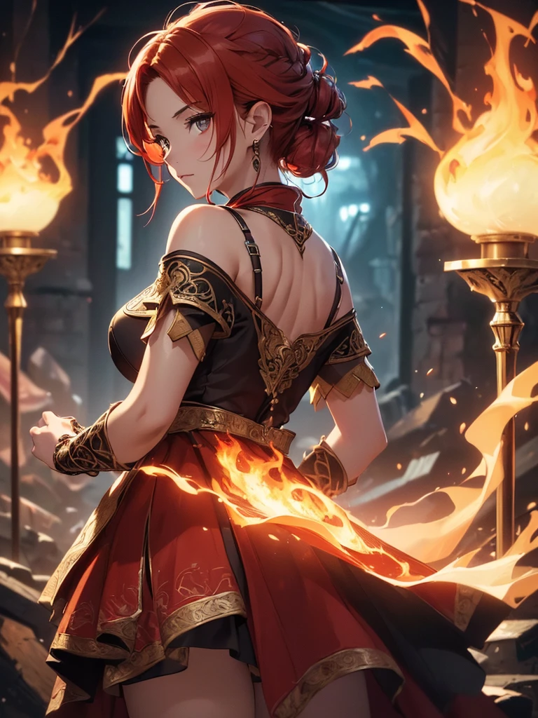 (((best quality, sharp image, clear image, cinematic lighting, 8k resolution, masterpiece, ultra detailed, intricate))) Girl, (((looking over left shoulder))), (shot from behind), fire mage, ((intricate background)), ((chaotic background)), red hair. 