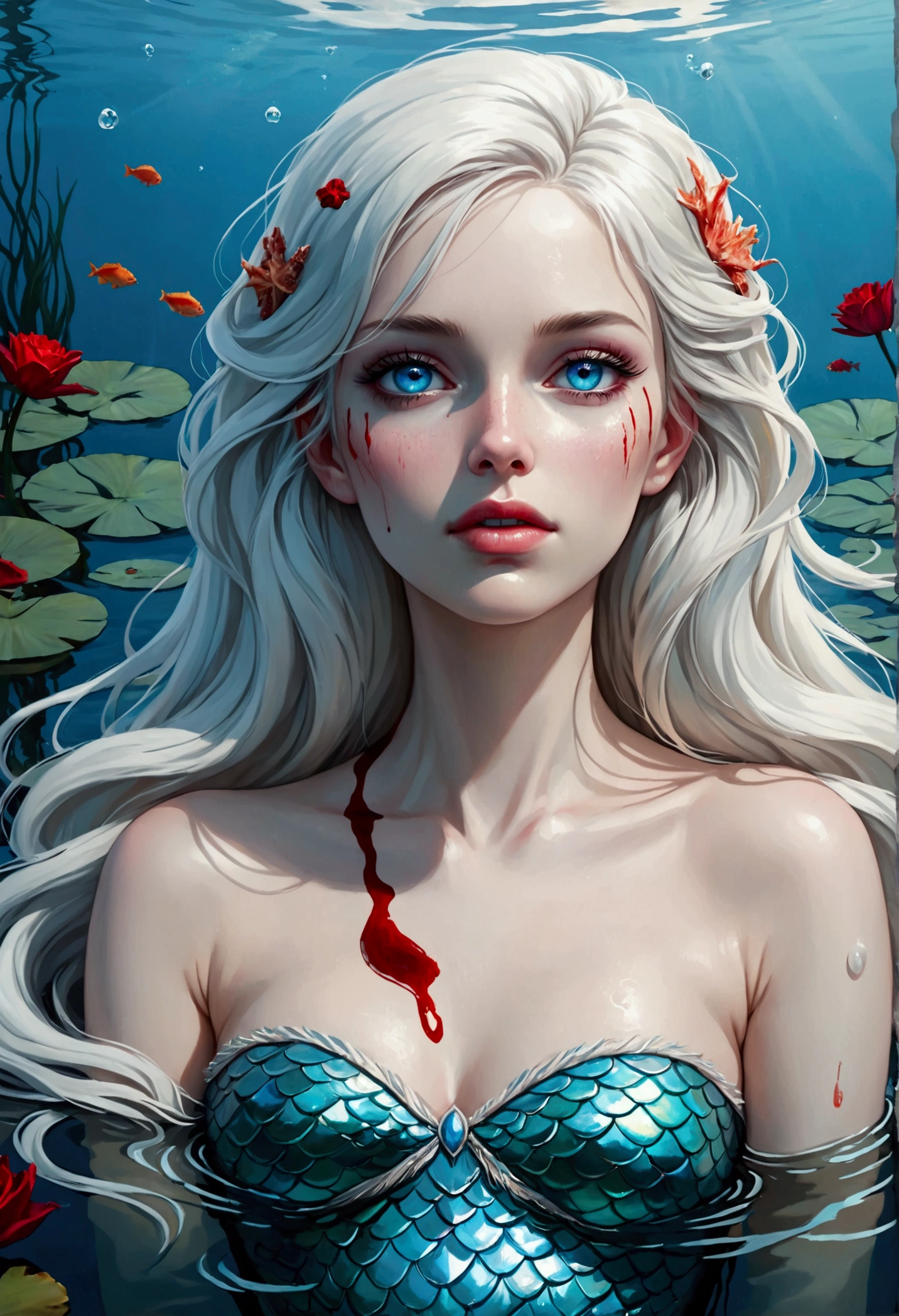 ((best quality)), ((masterpiece)), (detailed), perfect face, a beautiful woman with white long hair and a sky blue reflection, she has a tufted fringe, she has sky blue eyes, she is a mermaid, she is suffering and dying lying in a pond, in the night, total body. The water is red.
