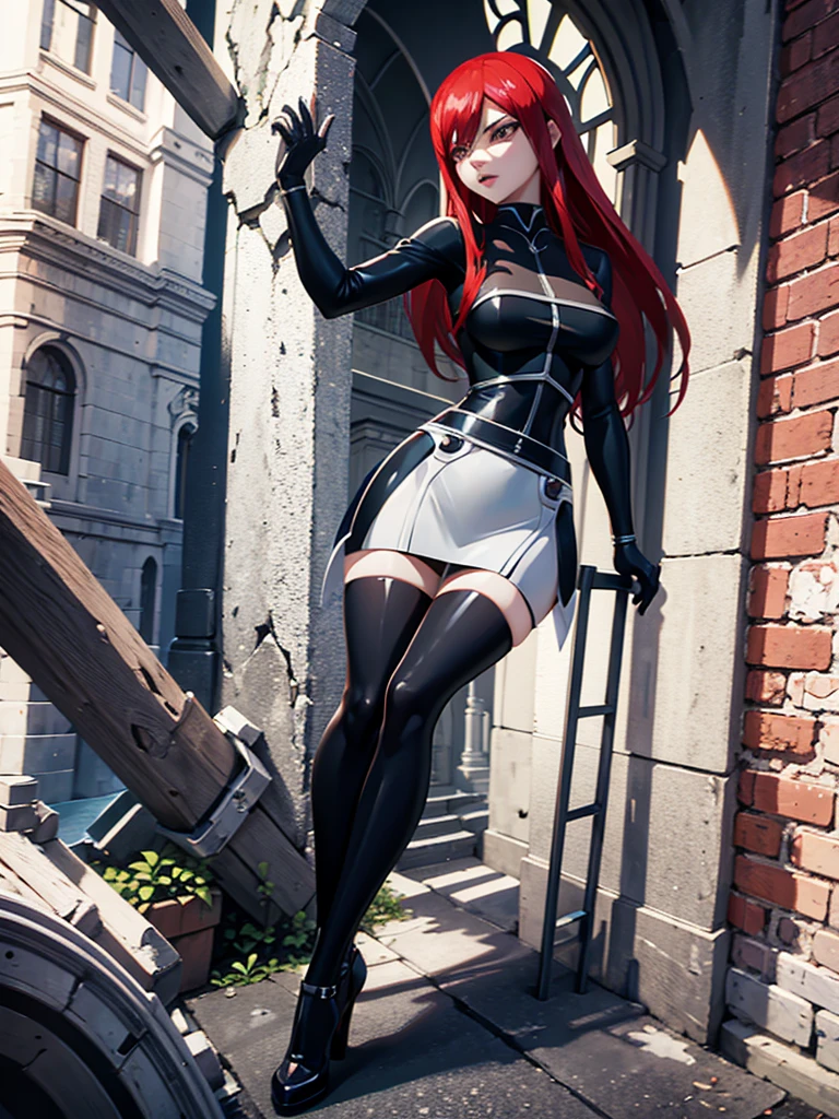 Ultrasexy, full body, ultrarealistic, ((Erza Scarlet)) wearing 2B outfit, climbing a ladder, view form below,