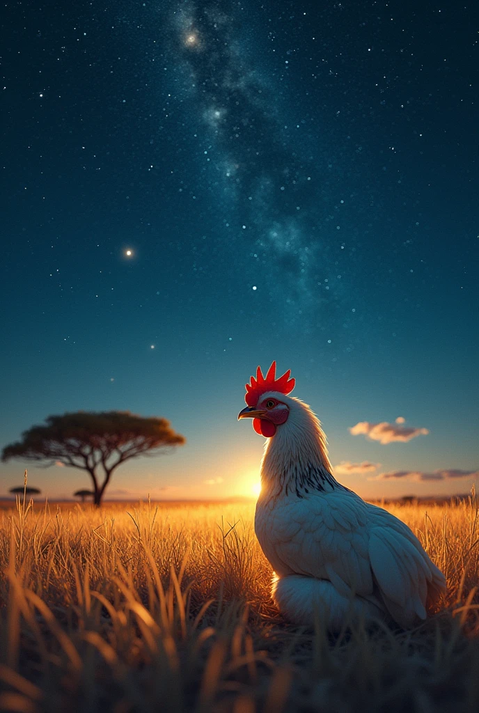 A hen under a starry night in the savannah, and from where the stars along with her spirit animal which is a dinosaur