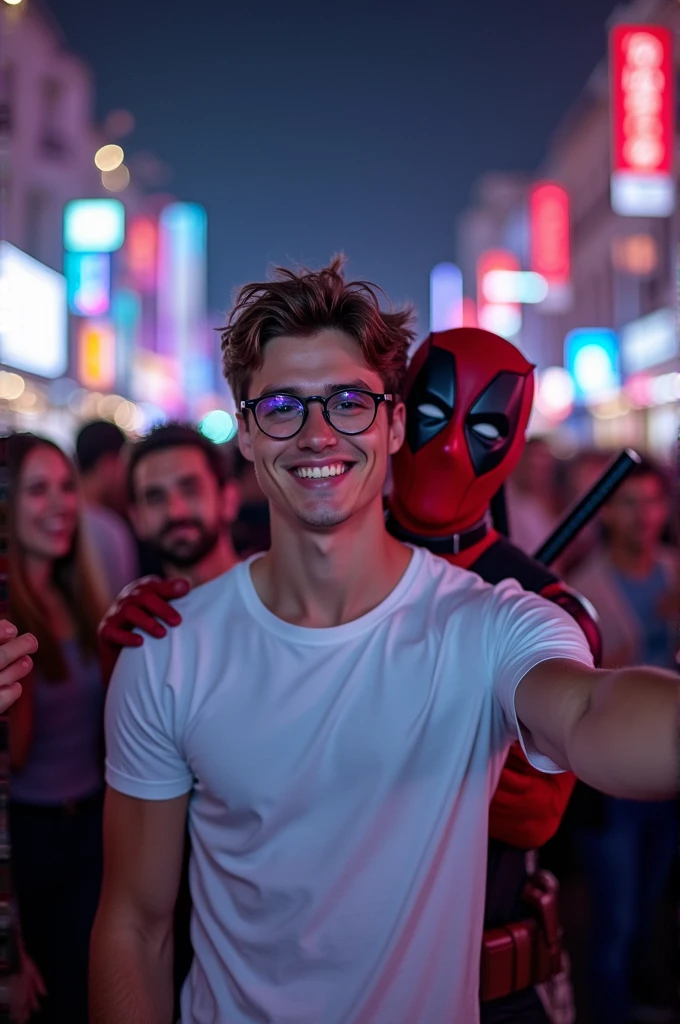 Draw a handsome young man in comic style (Peter Parker) wearing glasses, a white T-shirt, posing for a selfie in a low-light environment. Behind this person, someone dressed as Deadpool is posing in the picture., the comic book character. The scene appears to be at a crowded event., like a convention or a party, since there are several people in the background.