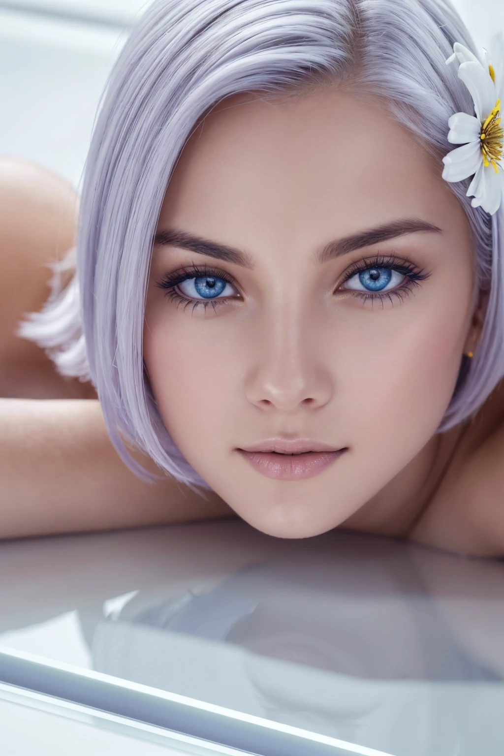 (flower photo:1.1, in white waterfront:1.5), Masterpiece, best quality, (very detailed CG unity 8k wallpaper), (best quality), High definition RAW color art, Animation,sculptures, (black Marble Skin), (((Ultra detailed elegant))), Magical atmosphere, Detailed skin, Texture,(Intricately detailed, Fine detail, ultra-detail art), depth of fields, bokeh, Silky Touch, Hyper Detail, beautiful eyes, Elegant Face, (lying on white glass floor), sparkle background, enormous breast:1.3, (silver hair), pastel purple, embarrassing face, short hair, complex, armpit