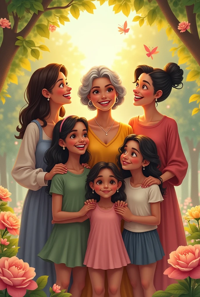 A BLACK-HAIRED GRANDMOTHER WITH FOUR WOMEN AND A BIG GIRL, BEAUTIFUL WHITE SKIN, DISNEY STYLE DRAWING 
