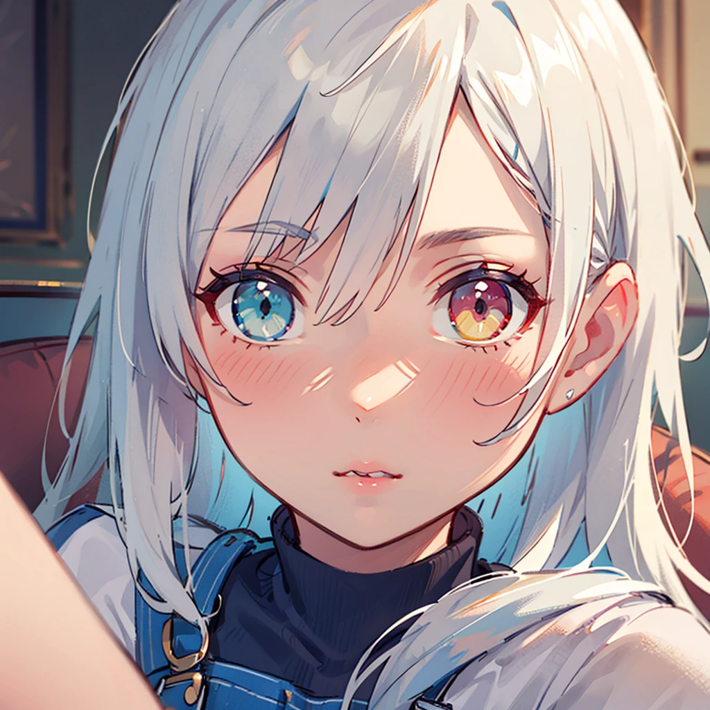 a  with heterochromia, long white hair, playing on nintendo, lying on the couch, wearing overalls, detailed face, beautiful detailed eyes, beautiful detailed lips, extremely detailed eyes and face, long eyelashes, photorealistic, 8k, highres, masterpiece, ultra-detailed, realistic, physically-based rendering, extreme detail description, vivid colors, studio lighting, portrait