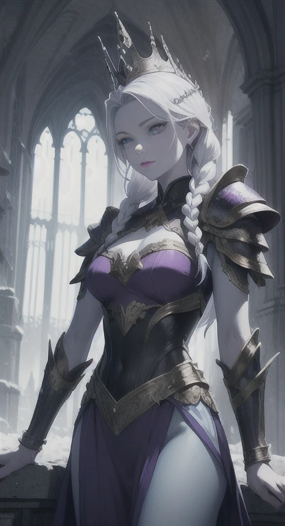 masterpiece, best quality, mythical, frozen queen, armor, purple skin, Pale Blue skin,