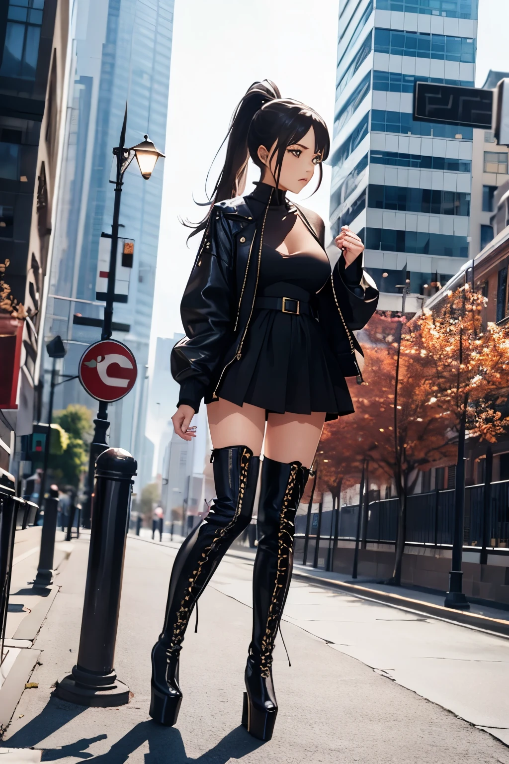thigh high boots, platform boots, girl, high heels, lace up boots, city, walking, ponytail