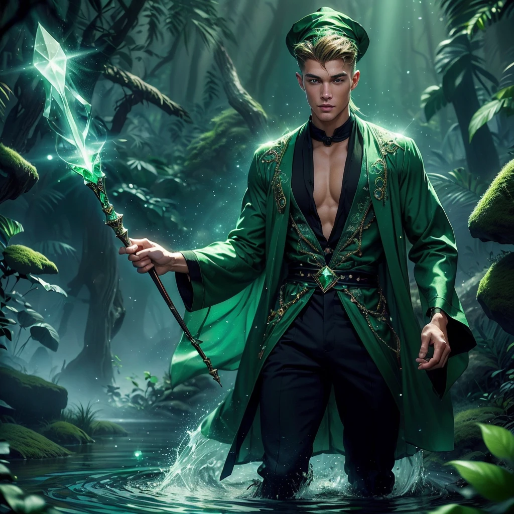 a muscular handsome wizard, (face:Matthew noszka), extremely detailed face, short hairstyle, looking at the viewer majestically, emerald green robe, black pants, wood wand with emerald crystal, wand in hand, sexy look, wizard hat, smooth skin, standing on a lake, doing nature magic,