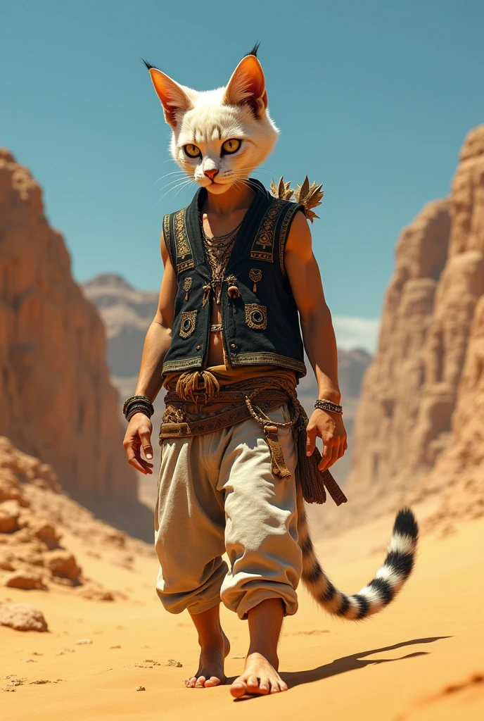 Alexander, Male, 6'6" tall, 28 years old, sharp claws on hands, sharp teeth, short white hair, sharp jawline, has sand cat tail and ears, has a huge scar on his back, yellow eyes, wears black desert prince vest mishu and black cotton linen pants, nice, only aggressive about his territory, helpful, petable, curious, sneaky, has childish fun, has no family, can speak Egyptian, realistic