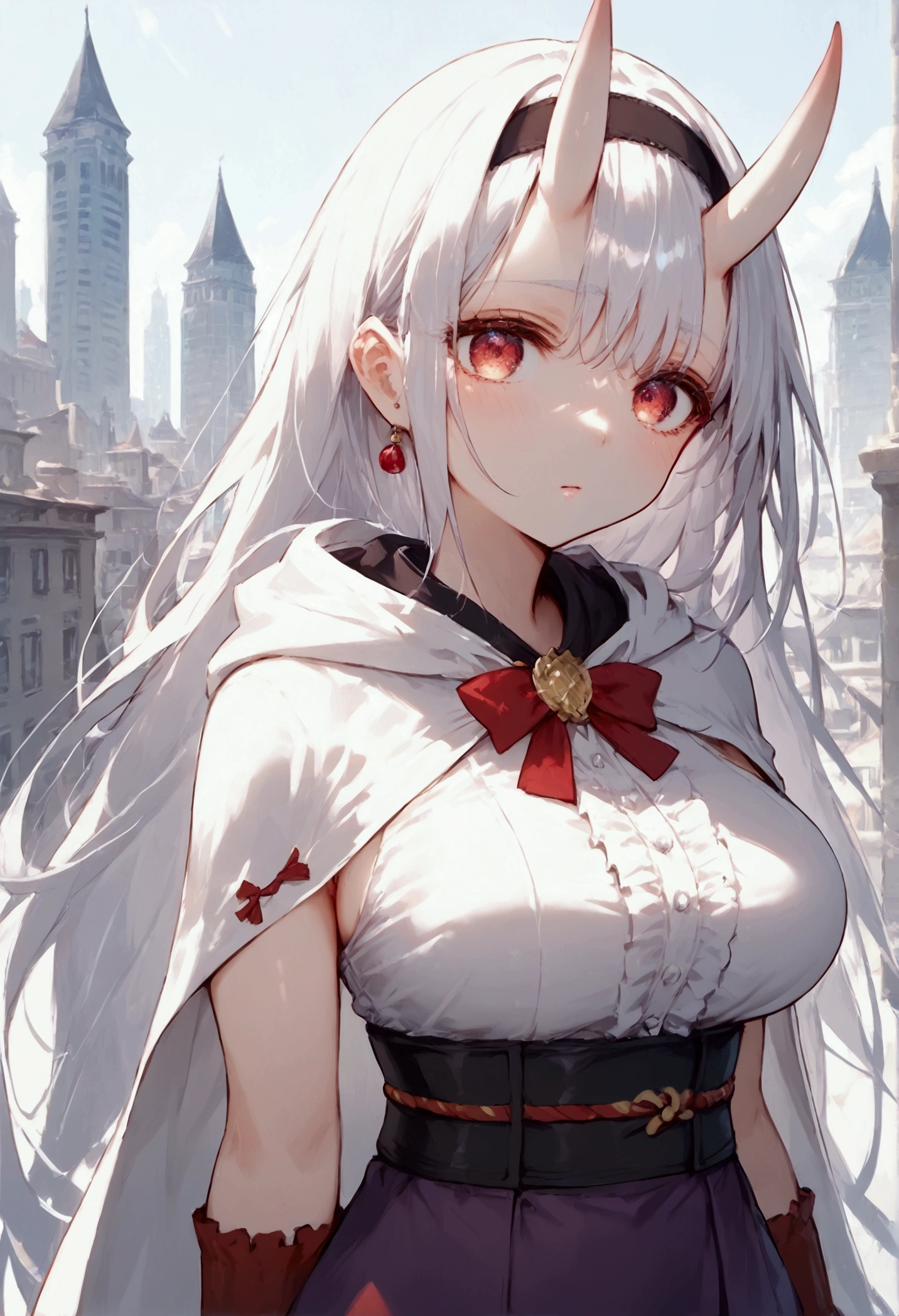 score_9, score_8_up, score_7_up, source_anime, (masterpiece), best quality, expressive eyes, perfect eyes, perfect face, oni girl, oni horns, red eyes, soft lips, long hair, very long hair, wide hips, (white hair:1.2), (white eyebrows:1), (white eyelashes:1), medium breasts:0.5, higuchi madoka, big breasts:0.3, standing, background: City, hairband, frilled shirt, purple skirt, hooded cloak, arm warmers, fingerless gloves