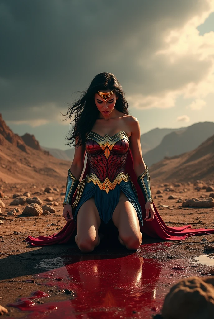 Wonder Woman kneeling, screaming at the death of Kara Zor-El, alias Supergirl, her body fallen in battle on an apocalyptic planet, blood around her. Sensitive and bloody images.