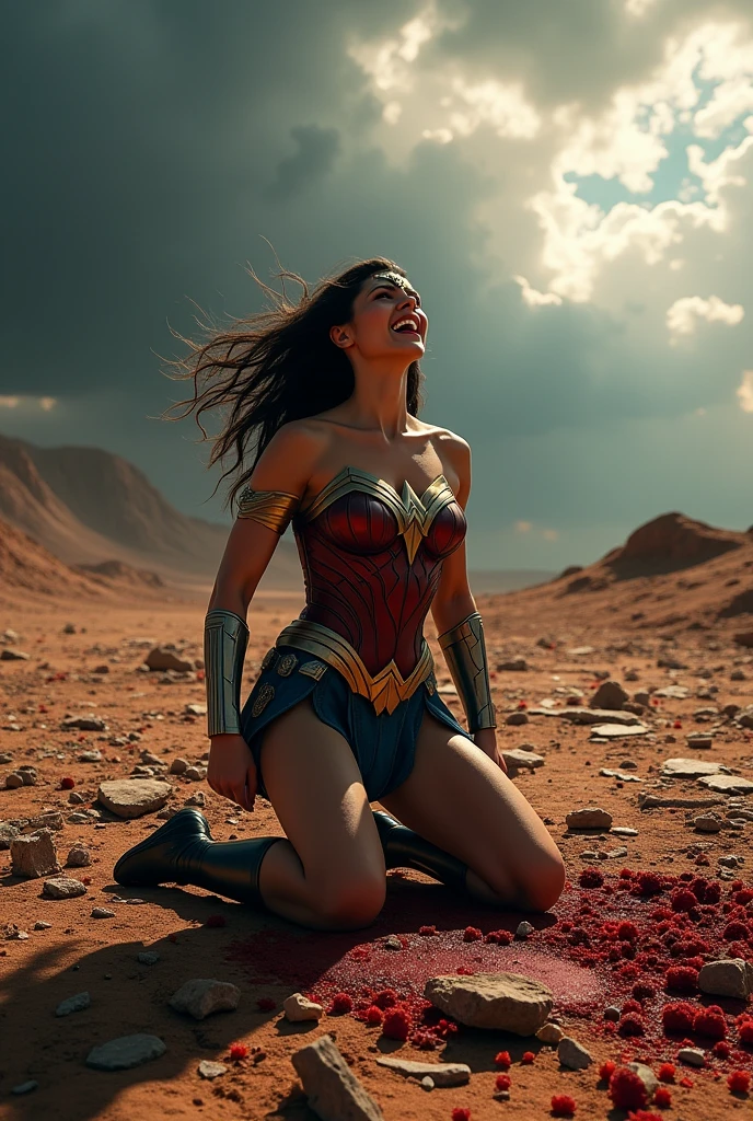 Wonder Woman kneeling, screaming at the death of Kara Zor-El, alias Supergirl, her body fallen in battle on an apocalyptic planet, blood around her. Sensitive and bloody images.