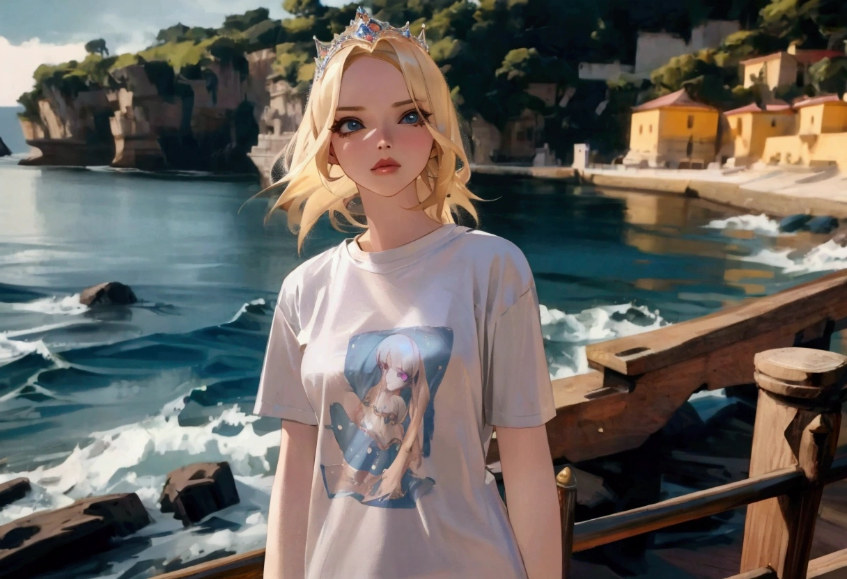 Slim Blonde woman princess in t-shirt sea