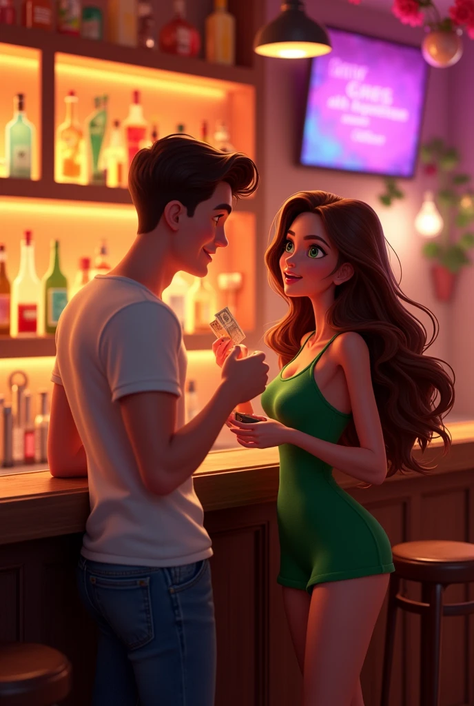 A tall man with curly hair, Drunk and dark-haired man and a curvy woman with brown hair and a brunette in a bar, The drunk man pissed and the woman taking care of him and laughing Animated