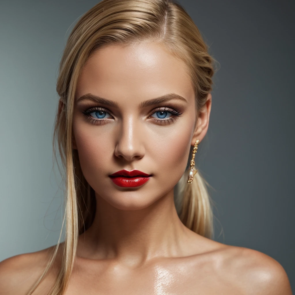 Incomparable masterpiece, ultra-realistic 8k CG, perfect artwork, ((perfect female image)), mature woman, slender waist, seductive, clean, beautiful face, {extremely delicate and beautiful girl} , 8k wallpaper, {{{Masterpiece}} }, 1girl, blonde hair, blue eyes, ponytail, police uniform, jewelry, lips, lipstick, long hair, look spectator, makeup, lips, red lips, simple background, solo, upper body, (shiny skin),