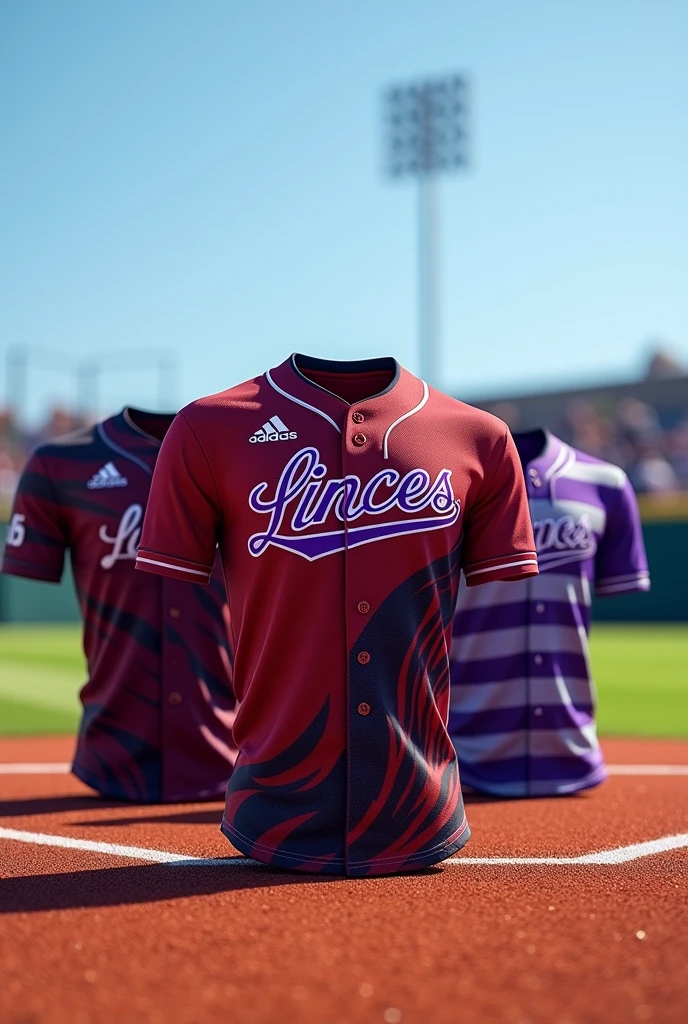 Create 3 different baseball jerseys that say Linces, jersey color mlrado with black and purple design