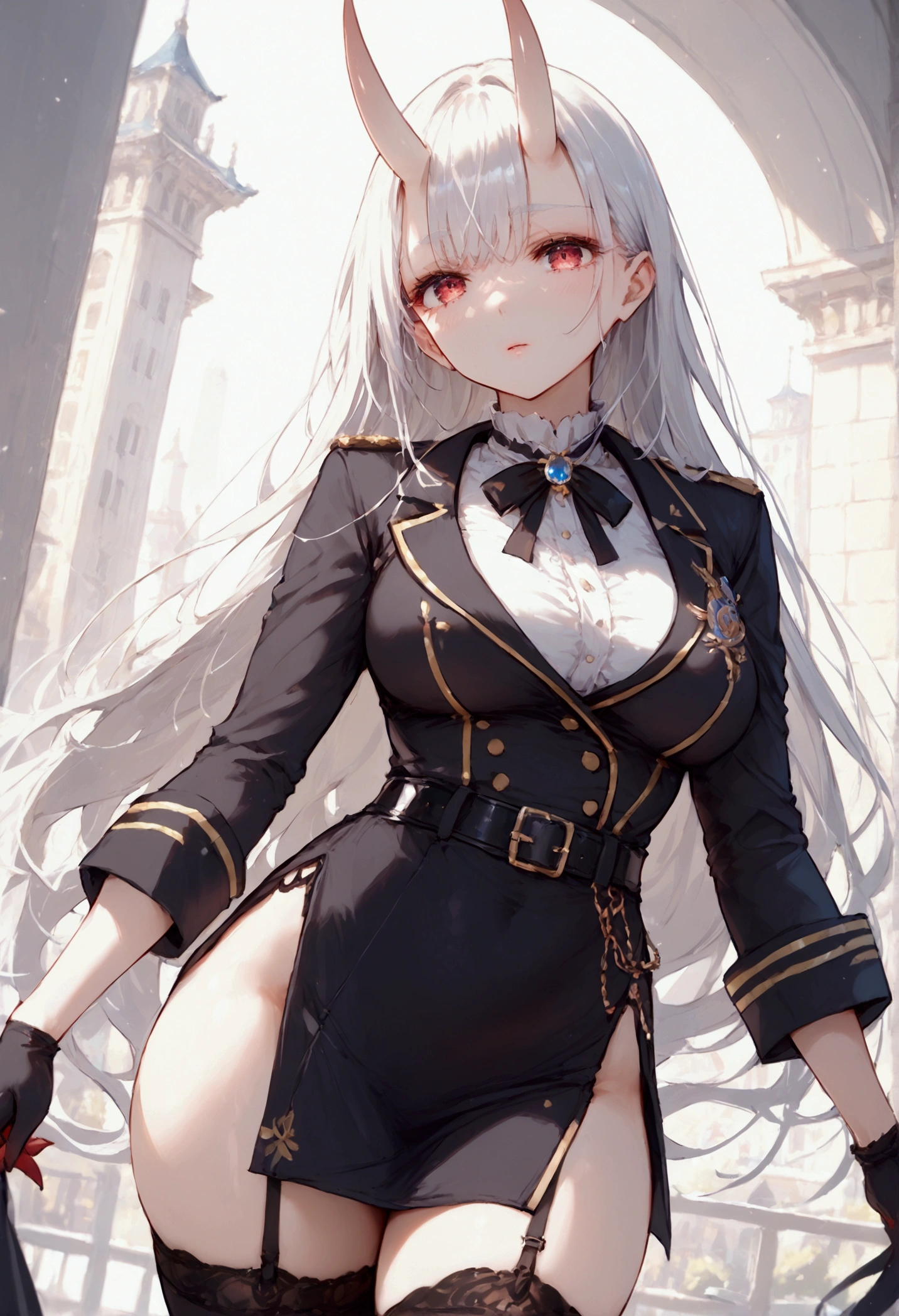 High resolution、Girl、Silver Hair、Long Hair,(),Lion ears、Grey Eyes、Slender、Toned body、military,Tattoo,