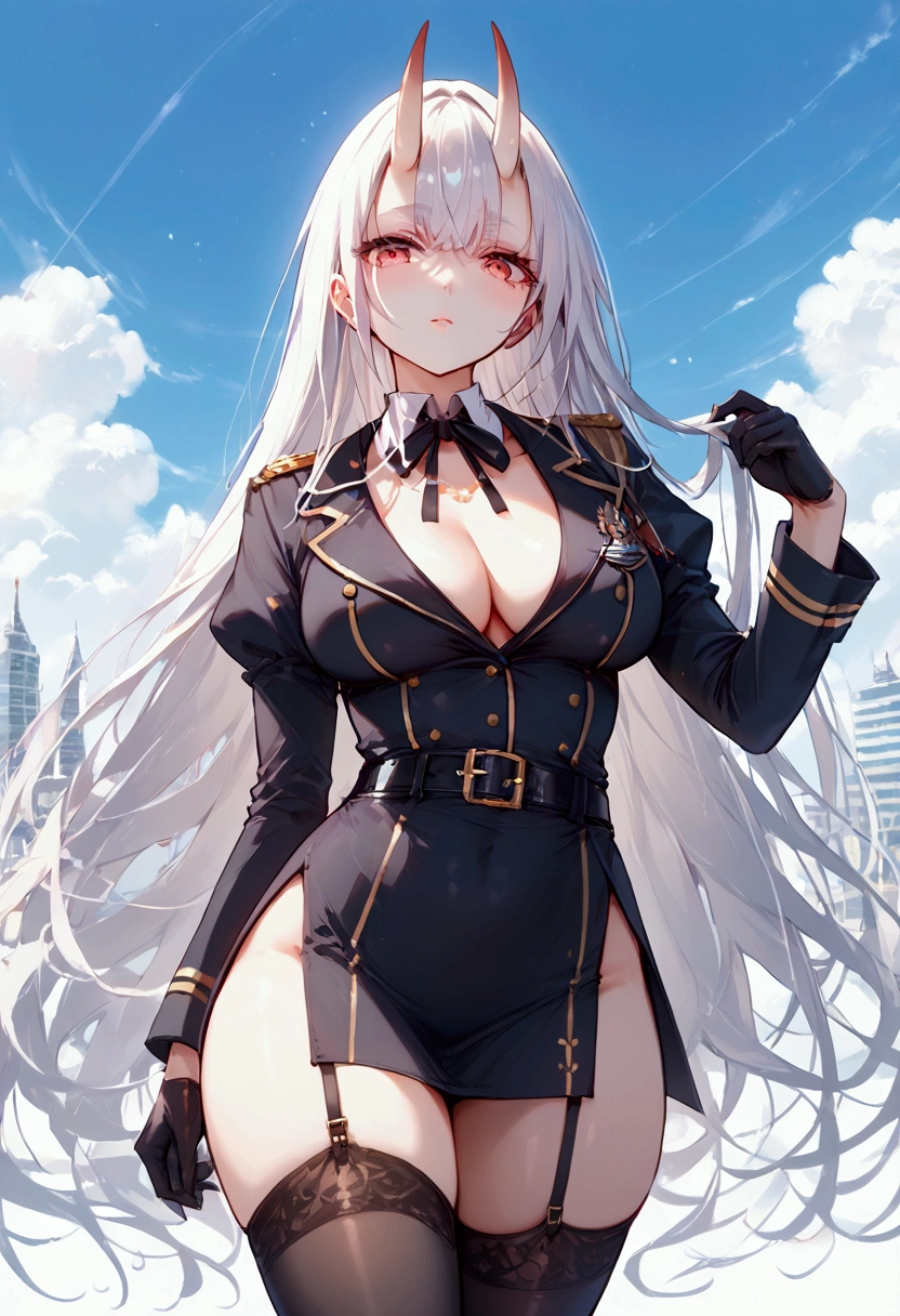 score_9, score_8_up, score_7_up, source_anime, (masterpiece), best quality, expressive eyes, perfect eyes, perfect face, oni girl, oni horns, red eyes, soft lips, long hair, very long hair, wide hips, (white hair:1.2), (white eyebrows:1), (white eyelashes:1), medium breasts:0.5, higuchi madoka, big breasts:0.3, standing, background: City, white collar, neck ribbon, belt, belt chain, military uniform, black dress, black gloves, side slit, garter straps, thighhighs