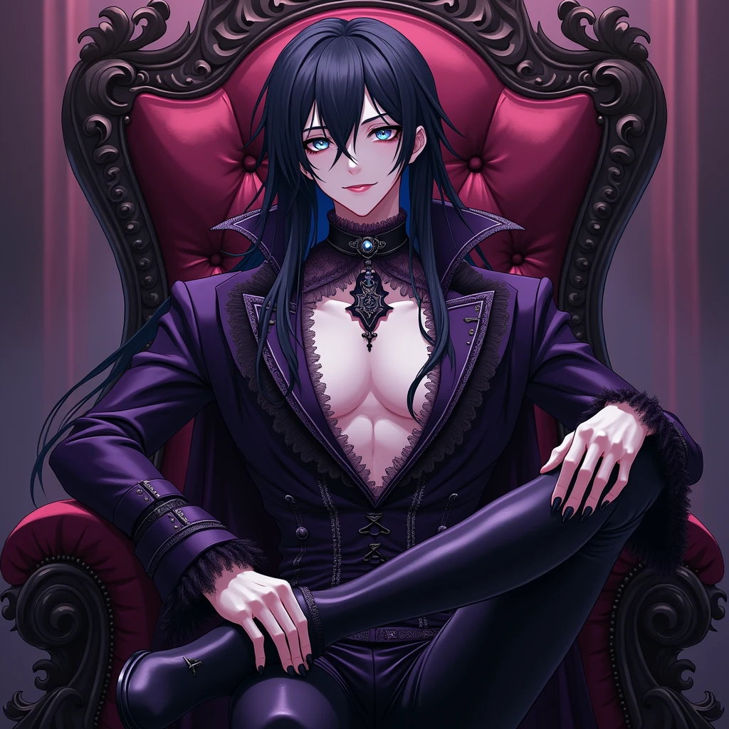 A sexy young male, black, long hair, teal blue eyes. Gothic clothes. (Male) (no facial or body hair)) masterpiece, best quality, ultra-detailed, best shadow), (detailed background) (purple and black) pretty handsome. Sexy Cute. No facial hair. No body hair. Wink. Seductive. Sexy. Pale and white skin. Smirking. Anime style. Blood. Vampire. Sexy. Death note style. Pink lips. SENSUAL. Purple and black gothic frilly clothes. Long lashes. Sexy pose. Crossing legs. Love. Shiny. Vampire Prince. Sitting on his throne and crossing legs sexily. Bottom angle. Seductive. Male. Bottom angle. Shiny. Long boots. Delicate facial features.