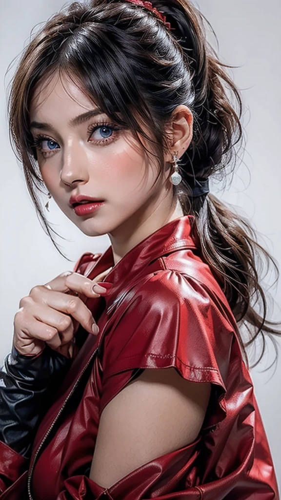((Beautiful Face:1.4)), (Purelos Face_v1: 1.0), Half Body,((White simple background)),one person, return,((Natural Big Breasts:1.0)), (Beautiful Japanese Women),bangs, Exposing shoulders, black gloves, Blue eyes, Braiding, choker, Earrings, fingerless gloves, From behind, gloves, Grey Hair, Holding, Jacket, jewelry, Long Hair, View your viewers, looking return, Manicure, Off the shoulder, Lips parted, Earrings, ponytail, red Jacket, alone, Upper Body,[[Realistic]],(Glowing Skin),(masterpiece:1.4),(Highest quality:1.4)