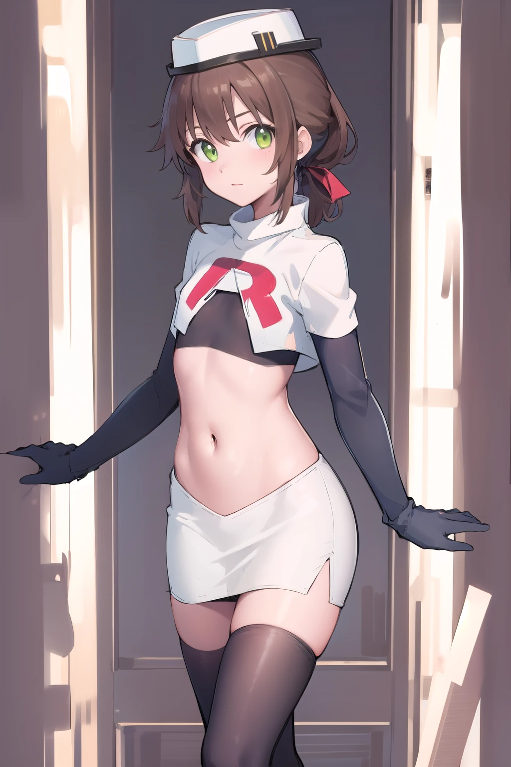 best quality, (masterpiece:1.2), illustration, absurdres,
(1girl), (solo), (beautiful detailed girl),
Towa Herschel, brown hair, ponytail, hair ribbon, green eyes, , small, short, flat chest, small breasts,
white hat, headwear,
team rocket,team rocket uniform,white skirt,red letter R,crop top,black thigh-highs,black elbow gloves,
looking at viewer, 
