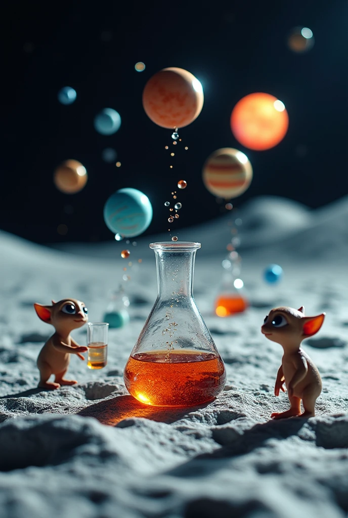Floating Sciencist equipment in a Moon ,Seeing aall planets on the picture ,jugs , Cups etc , with 2 little alliens (Blurry) the picture must be a squire