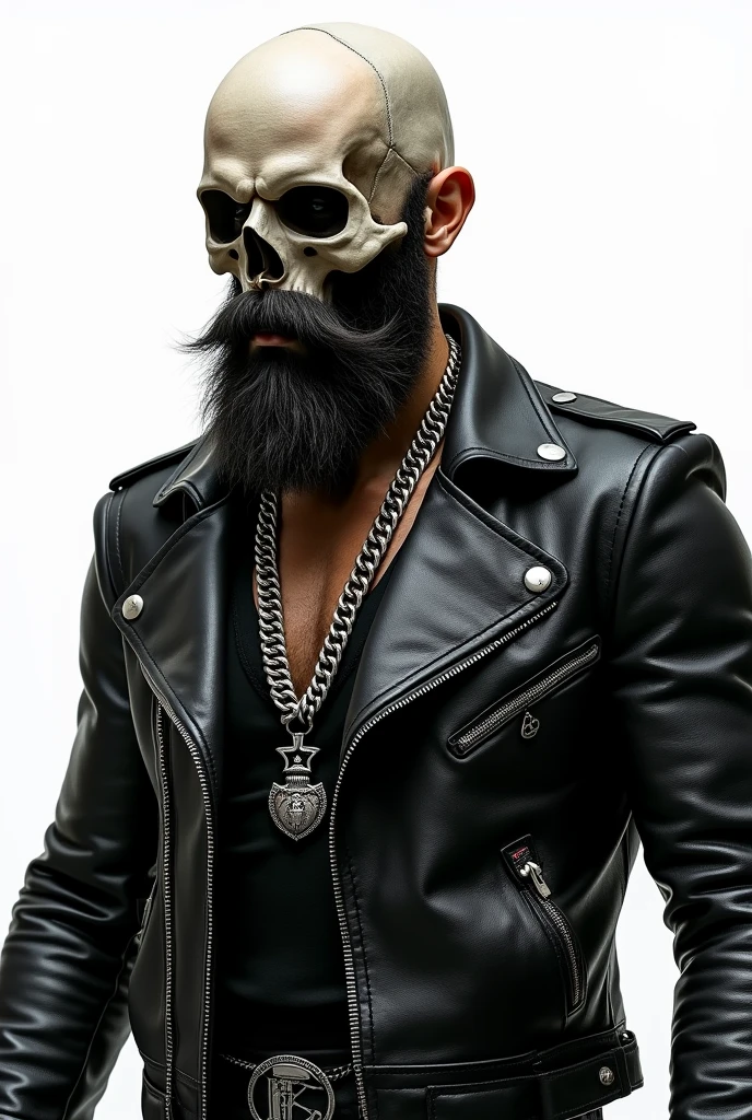 Skull face with beard, black leather jacket, open black leather vest, silver soldier-style cord, with white image background.
