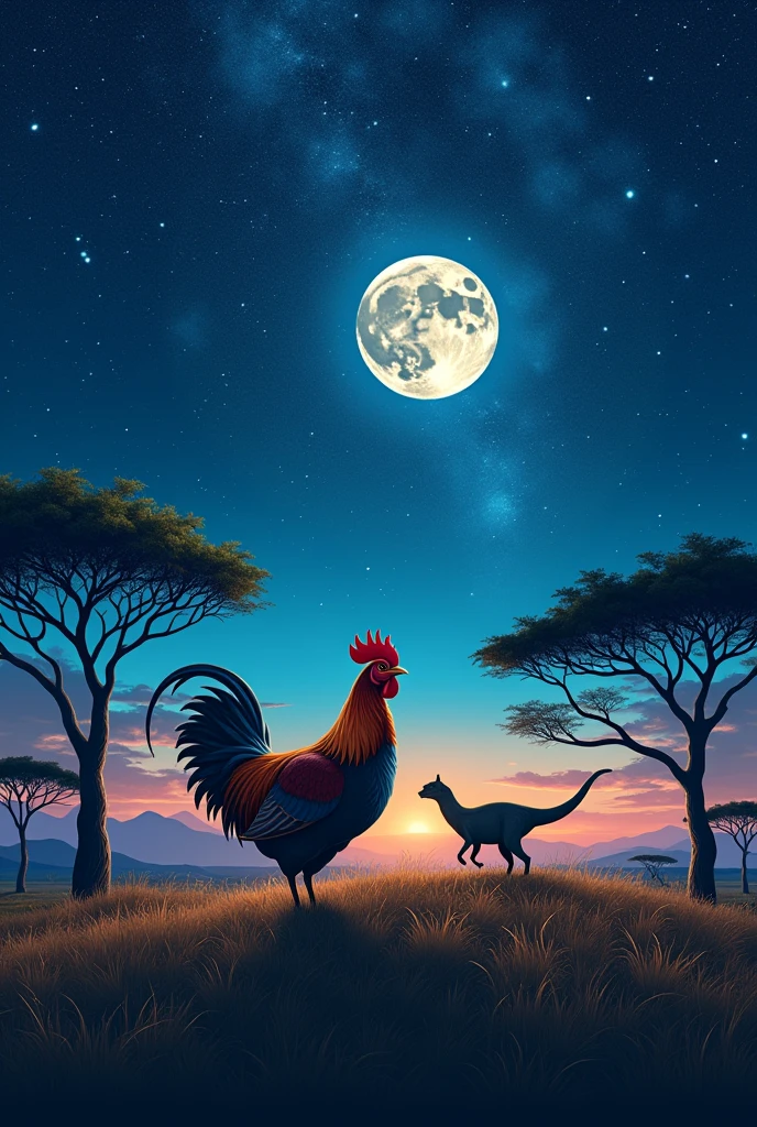 A hen in a starry night on the savannah, with a dinosaur as its spiritual animal in the background, like the Lion King