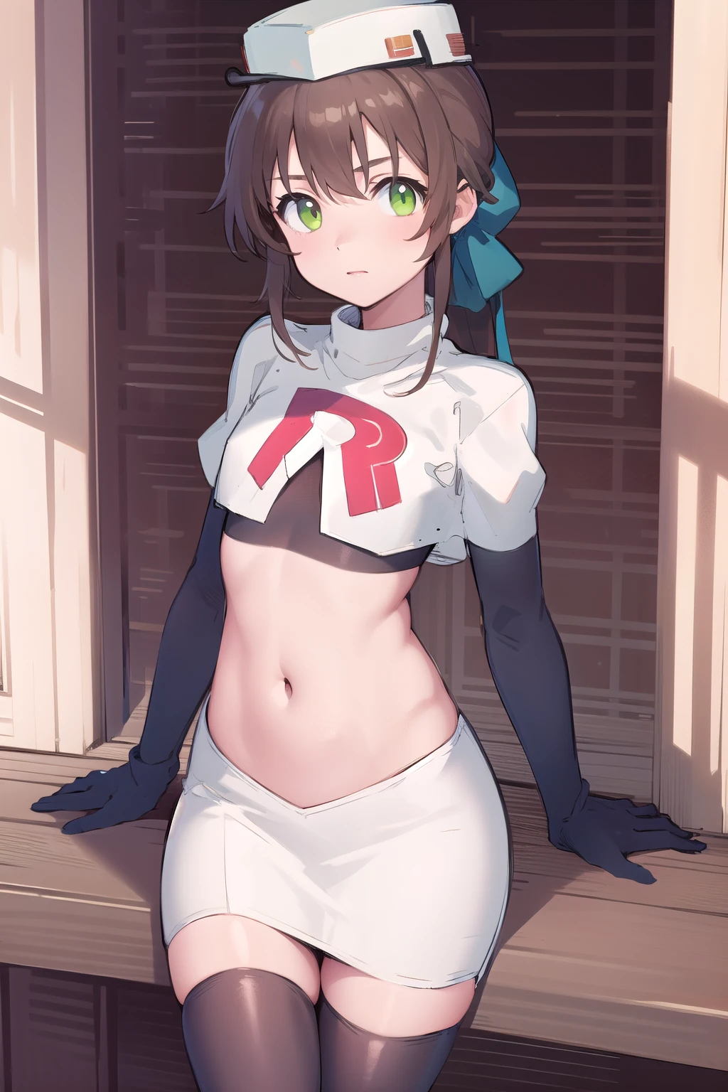 best quality, (masterpiece:1.2), illustration, absurdres,
(1girl), (solo), (beautiful detailed girl),
Towa Herschel, brown hair, ponytail, hair ribbon, green eyes, , small, short, flat chest, small breasts,
white hat, headwear,
team rocket,team rocket uniform,white skirt,red letter R,crop top,black thigh-highs,black elbow gloves,
looking at viewer, 
