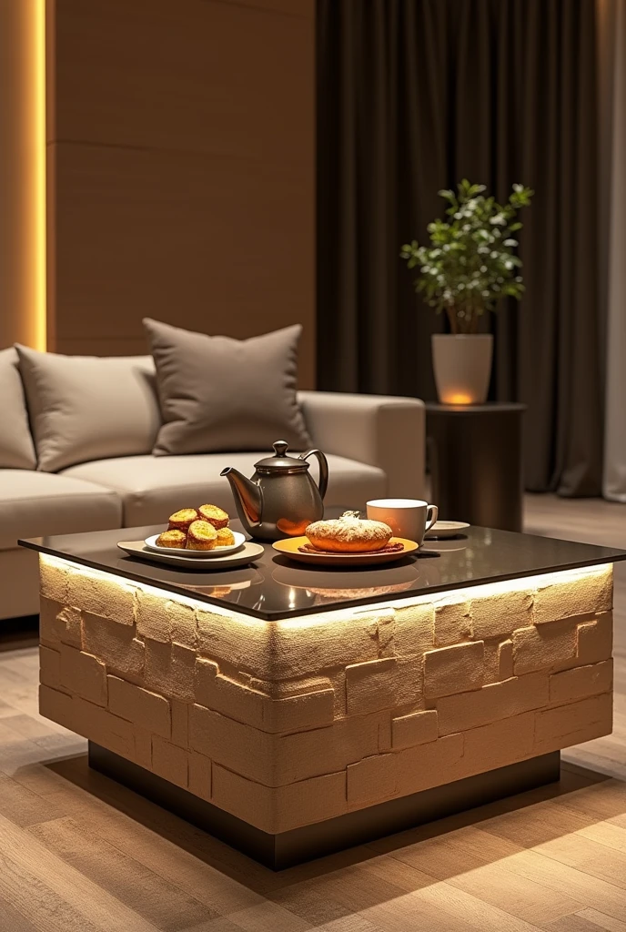 A square hospitality table, handcrafted to be a stylish centerpiece in the guest lounge.. The table top is made of clear glass, adding a touch of sophistication and simply showcasing what is placed on it.. The sides are made of MDF wood clad with textured wallpaper that resembles brick, giving the table a modern and economical feel..

Equipped with soft interior lighting using a warm LED strip, it spreads a soft and beautiful glow throughout the room.. The table is adorned with a stylish teapot and some light breakfast treats, enhancing the hospitality atmosphere and adding a warm and welcoming touch.