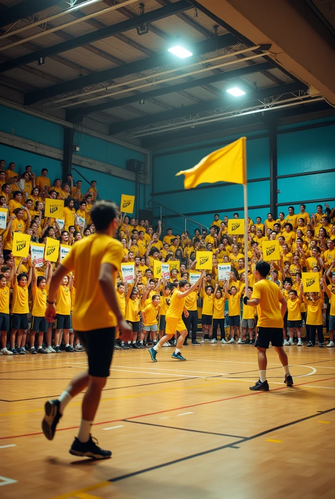 Create a realistic illustration with a crowd dressed all in yellow with flags saying "ADM" and also posters with the same written, in the background a futsal court in a small sports gym with 5 players.
The gym only has bleachers on one side..