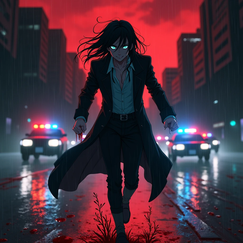 A young sexy male with delicate facial features, long black hair, teal blue eyes, long eyelashes, and gothic black and red clothes. He's a long-wanted serial killer. ((((scary)))) Blood. malicious, insane expression. No facial or body hair. Anime. ((((((((Male, boy)))))))) (Horror) BITCH, MAKE IT MALE. Cops are trying to catch after him. Running. Raining. Vampire. Dark. Red highlights. Red sky. Mysterious. Midnight. Cartoon. Police ran after him. Smirking. Bloody. Red highlights. Red. Blood pouring down. Police cars. Guns. Sirens. Anime style. Horror. 19-year-old. Run to the camera. Horror style.