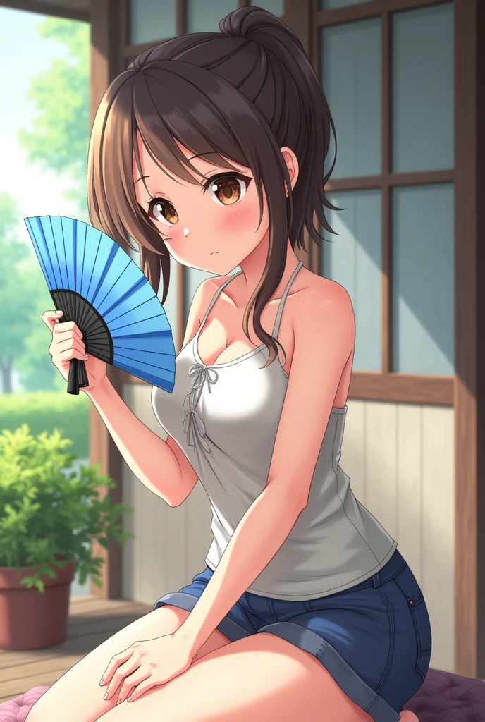 Highest quality、High resolution、Detailed Background、(Beautiful face in every detail:1.4)、Anatomically correct、10-year-old anime girls、(Normal number of fingers:1.2)、Highly detailed face、Detailed eyes、(Huge breasts:1.2)、Perfect body line、Bobcut、ponytail、Hot summer day、Veranda、Japanese-style house、Sweat、Looks hot、cute仕草、
(Verandaで猫と遊んでいる少女が涼を求めて団扇を扇いでいる:1.5)、
Sweaty cheeks、Fanning with a fan、The cat's fur、Summer scene、the scenery of everyday life in summer、cute