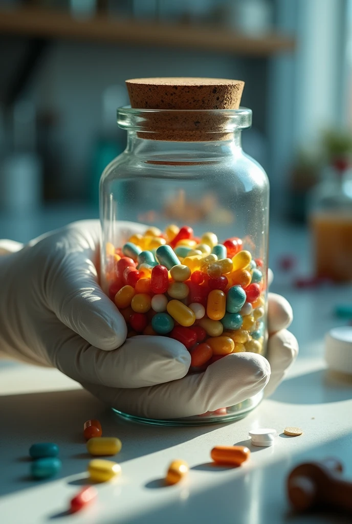 a gloved hand holding a large cork-topped jar filled with medicine capsules