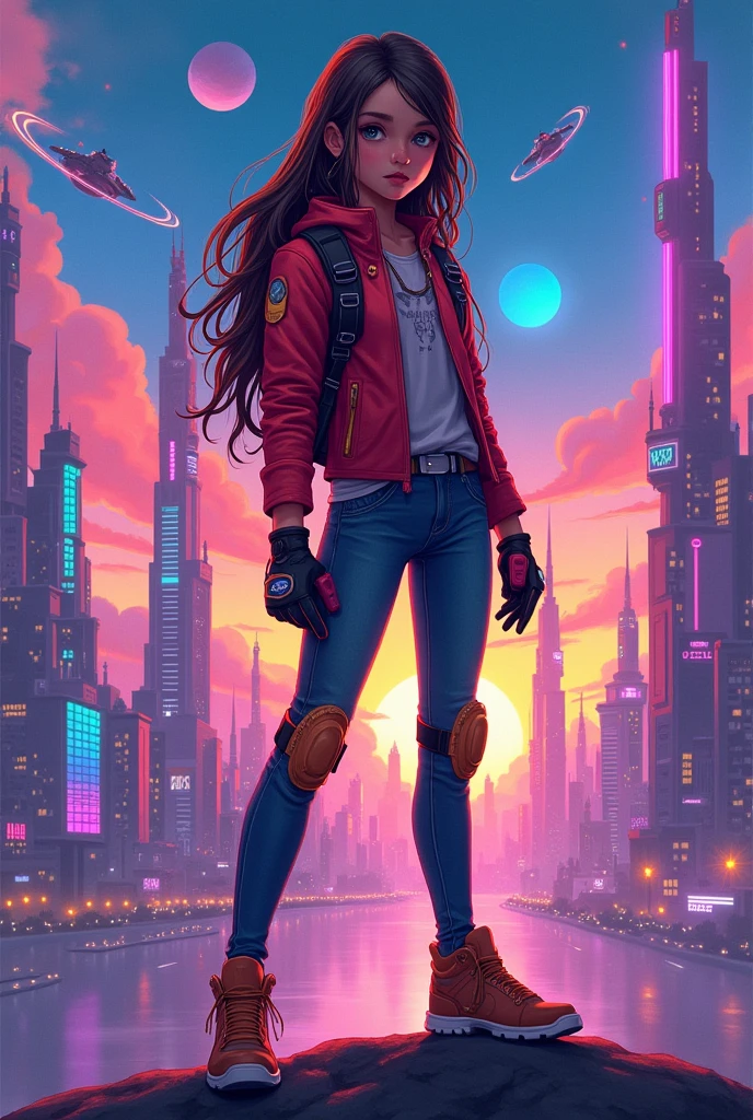 make me a picture of myself (brunette girl with long hair) Make me another one with the same story, but with a more tanned and younger girl, with a sci-fi story, more tanned and younger. I am 13 years old.