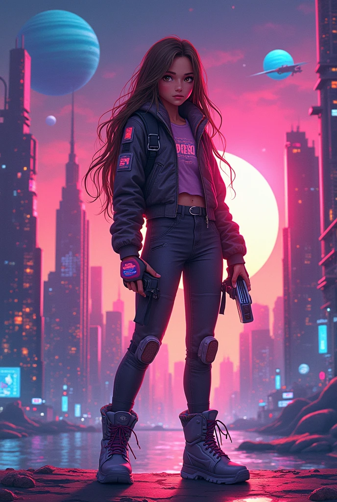 make me a picture of myself (brunette girl with long hair) Make me another one with the same story, but with a more tanned and younger girl, with a sci-fi story, more tanned and younger. I am 13 years old.