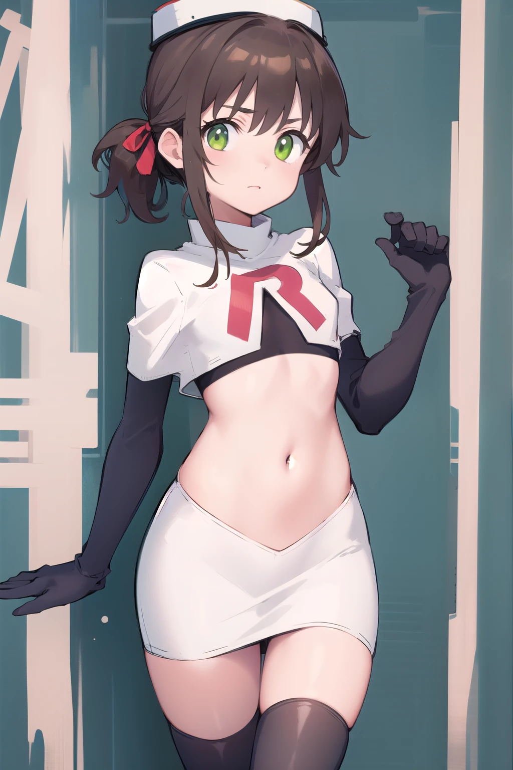 best quality, (masterpiece:1.2), illustration, absurdres,
(1girl), (solo), (beautiful detailed girl),
Towa Herschel, brown hair, ponytail, hair ribbon, green eyes, , small, short, flat chest, small breasts,
white hat, headwear,
team rocket,team rocket uniform,white skirt,red letter R,crop top,black thigh-highs,black elbow gloves,
looking at viewer, 
