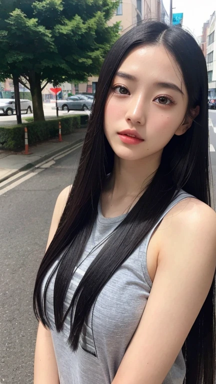 （（Surreal、Super detailed image, maybe a photo.，Captures the details of the skin texture of an incredibly beautiful woman.））long straight black hair。outdoors. Summer. Urban clothing