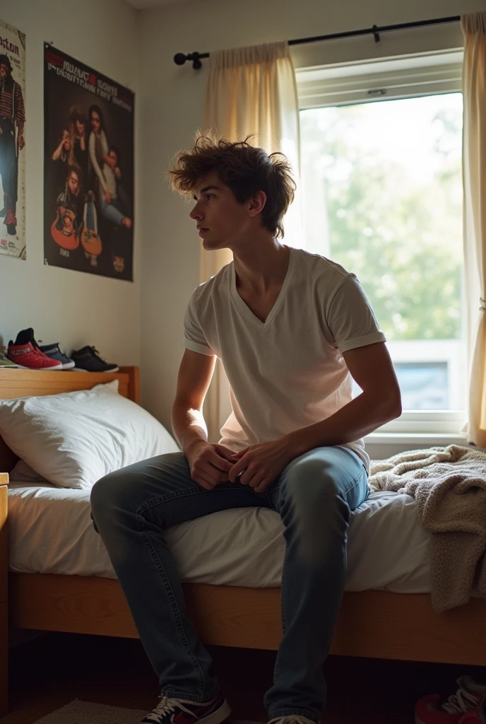 young teenager of 19 years, brown hair, contemporary haircut with athletic body sitting on the bed putting on his jeans looking out the window distracted