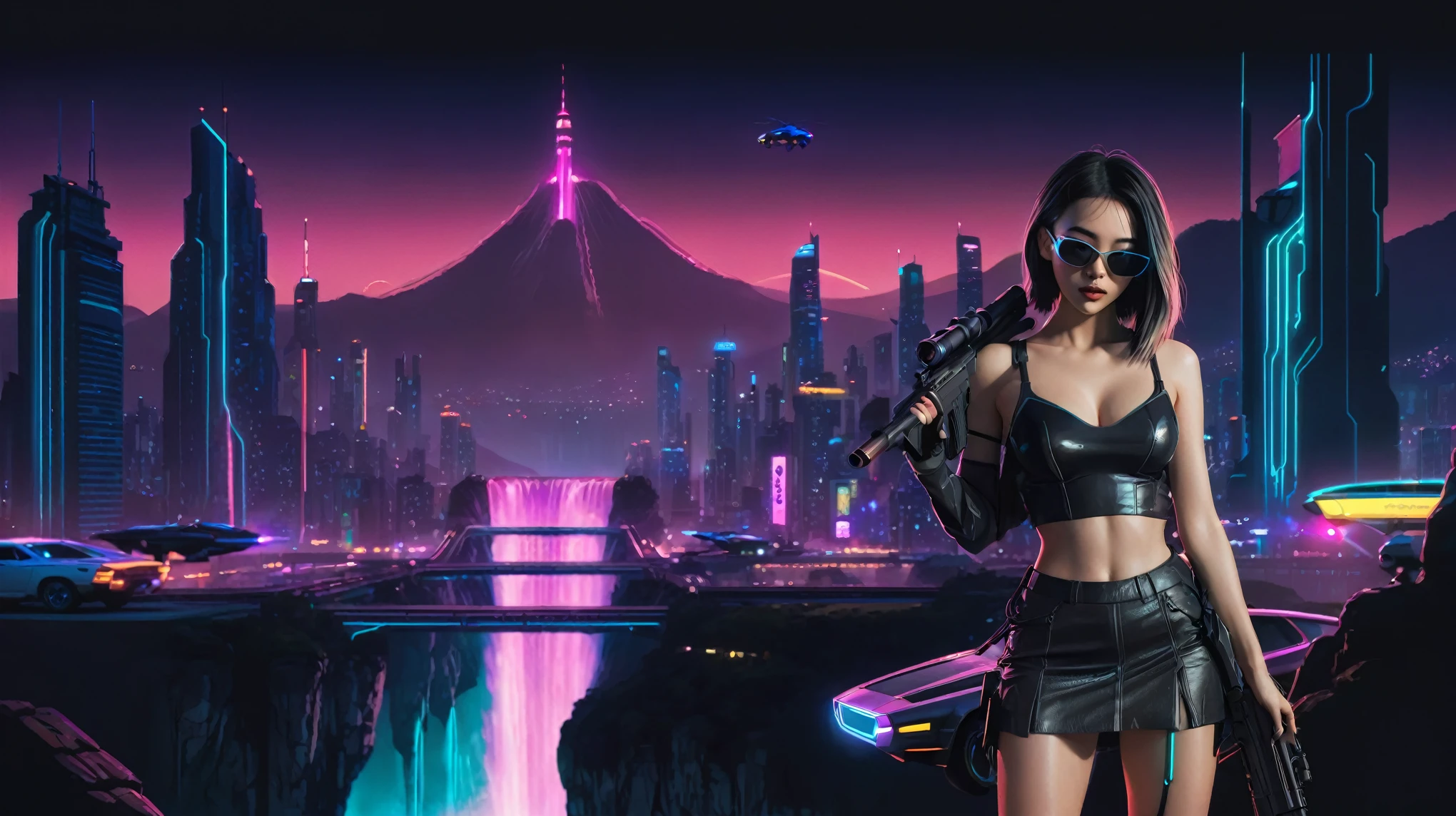 At night, simple outlined cyberpunk city, flying cars, neon waterfall, line art background. (1girl, solo), photo realistic, medium-breast:1.3 slim body, cleavage, sling top, miniskirt, black sunglasses, holding a short gun, half-body thigh level medium shot, cinematic lighting, ray tracing.
