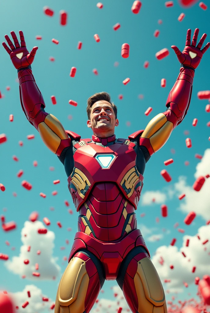 Make a meme of a man like ironman standing raising the hands up and there are red pills everywhere