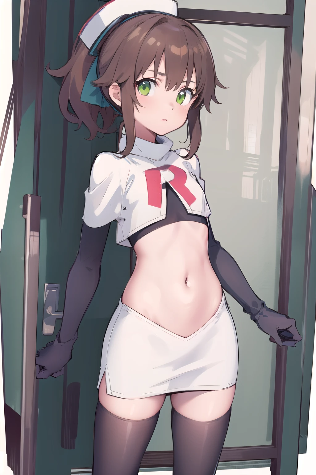 best quality, (masterpiece:1.2), illustration, absurdres,
(1girl), (solo), (beautiful detailed girl),
Towa Herschel, brown hair, ponytail, hair ribbon, green eyes, , small, short, flat chest, small breasts,
white hat, headwear,
team rocket,team rocket uniform,white skirt,red letter R,crop top,black thigh-highs,black elbow gloves,
looking at viewer, 
