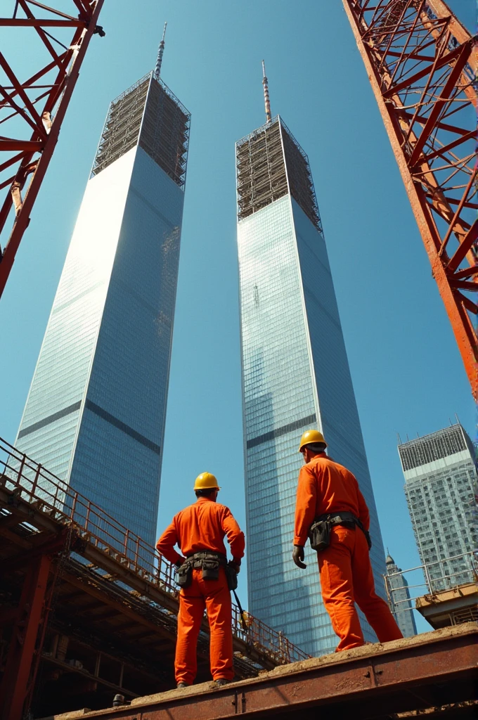 . Construction of the Twin Towers:
   - Character: Construction workers
   - Description: Workers building the Twin Towers with cranes and scaffolding
   - Time period: 1970s
   - Clothing: safety helmet, work overalls, construction tools
   - Location:World Trade Center construction site in Manhattan
   - Action: Workers assembling steel structures and glass panels
   - What is seen in the background: Metal structures under construction, blue sky
   - Shot Type: Very Long Shot
   - Style: hyper-realistic, Photo realism, cinematography -- ar 9:16