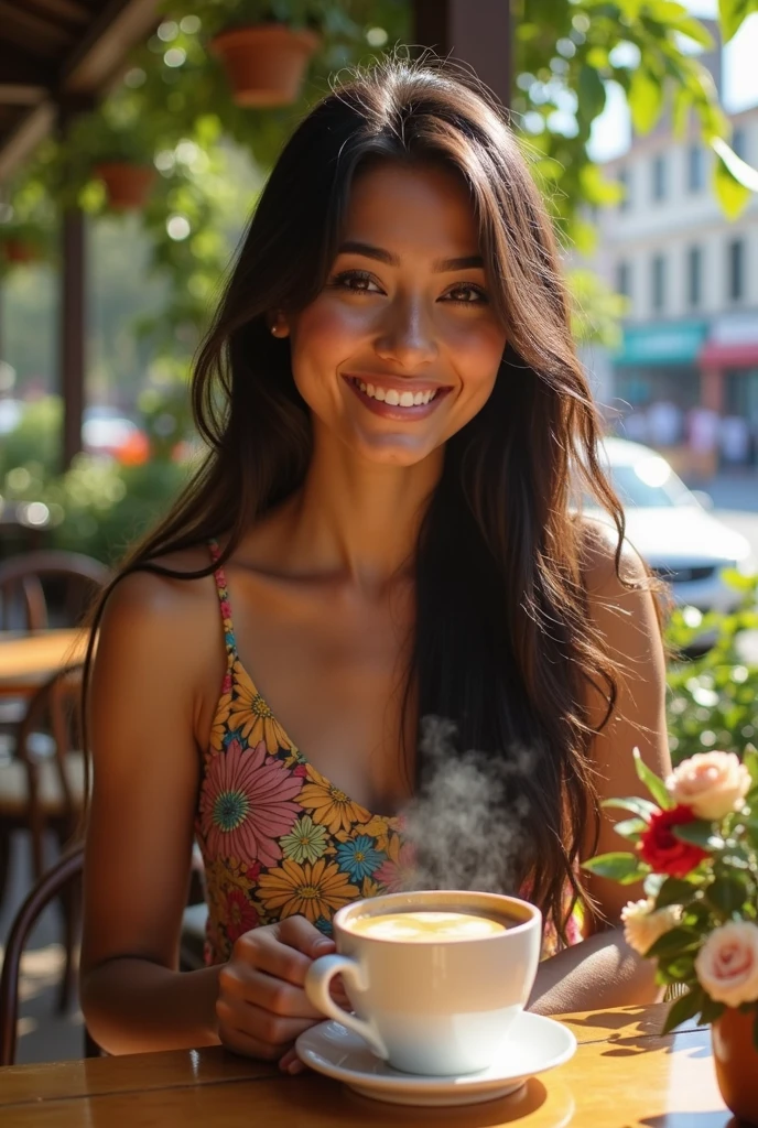 Beautiful Brazilian girl drinking coffee