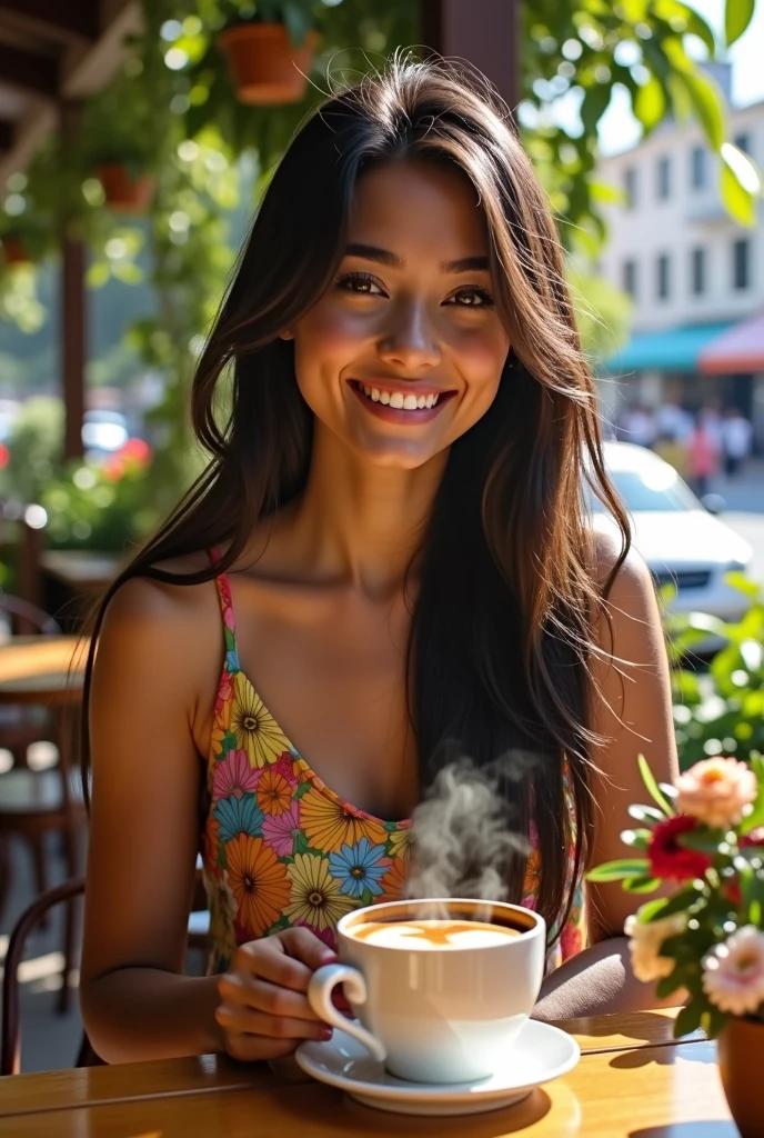 Beautiful Brazilian girl drinking coffee