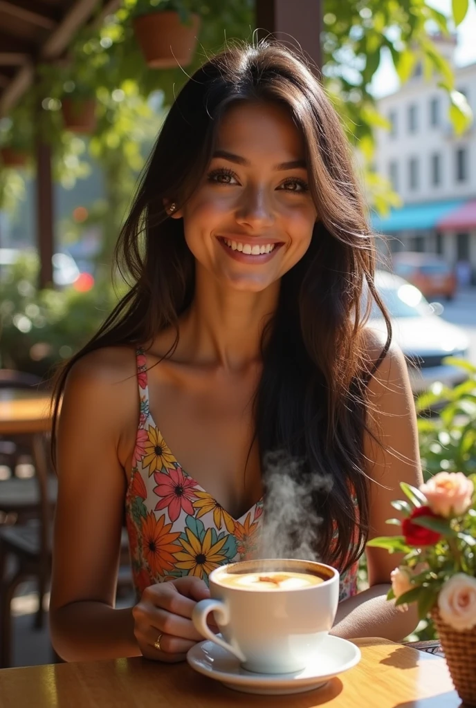 Beautiful Brazilian girl drinking coffee